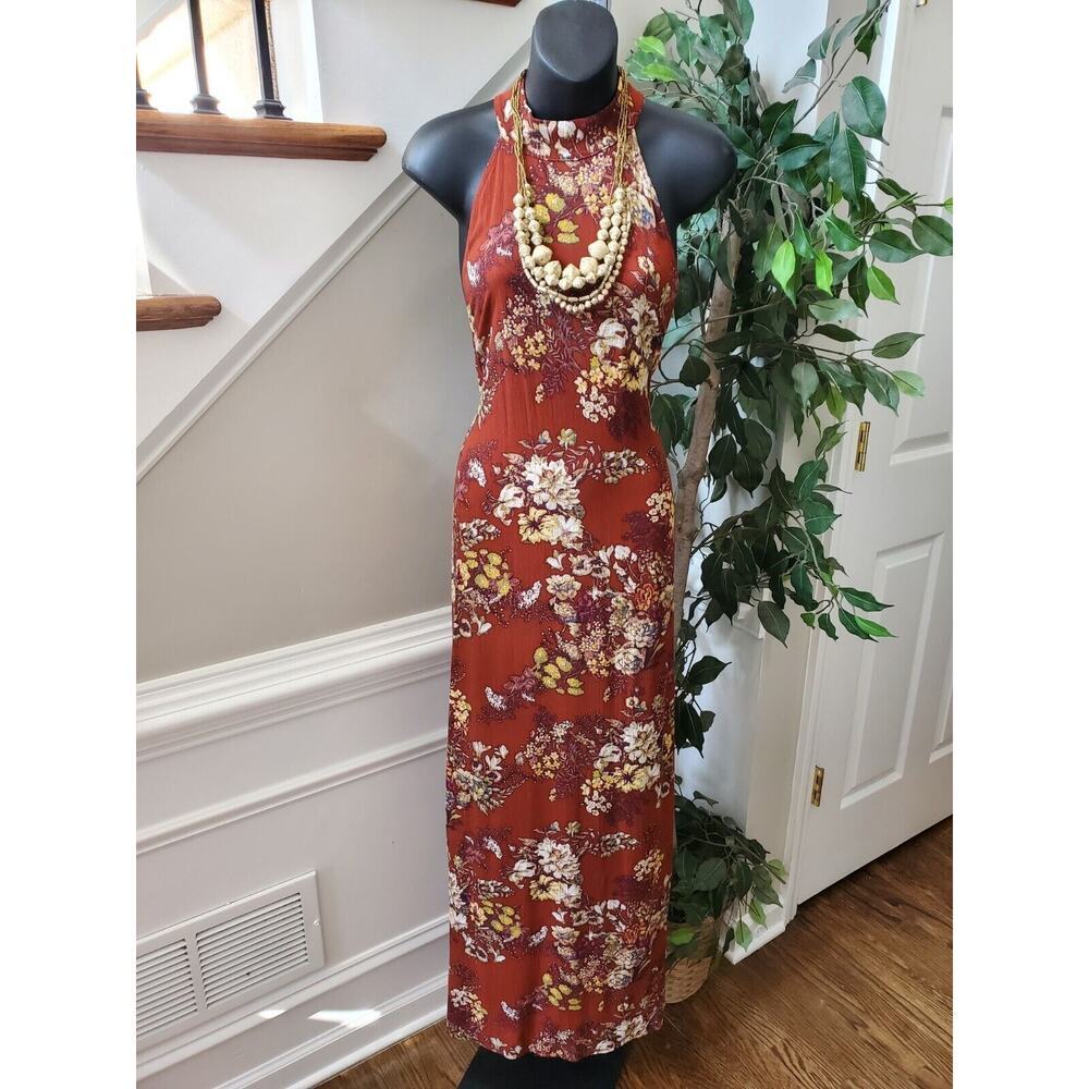 Anna Grace Women Brown Floral 100%Rayon Halter Neck Sleeveless Long Maxi Dress S